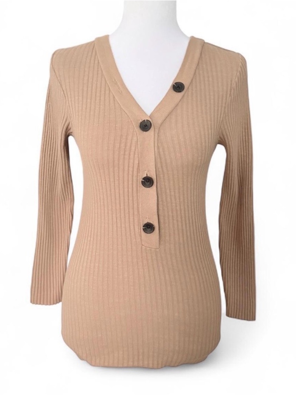 Enza Costa Camel Henley Ribbed V-Neck 3/4 Sleeve Quiet Luxury Sweater